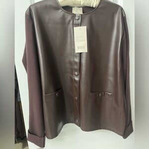 New chocolate sweater jacket with faux leather front